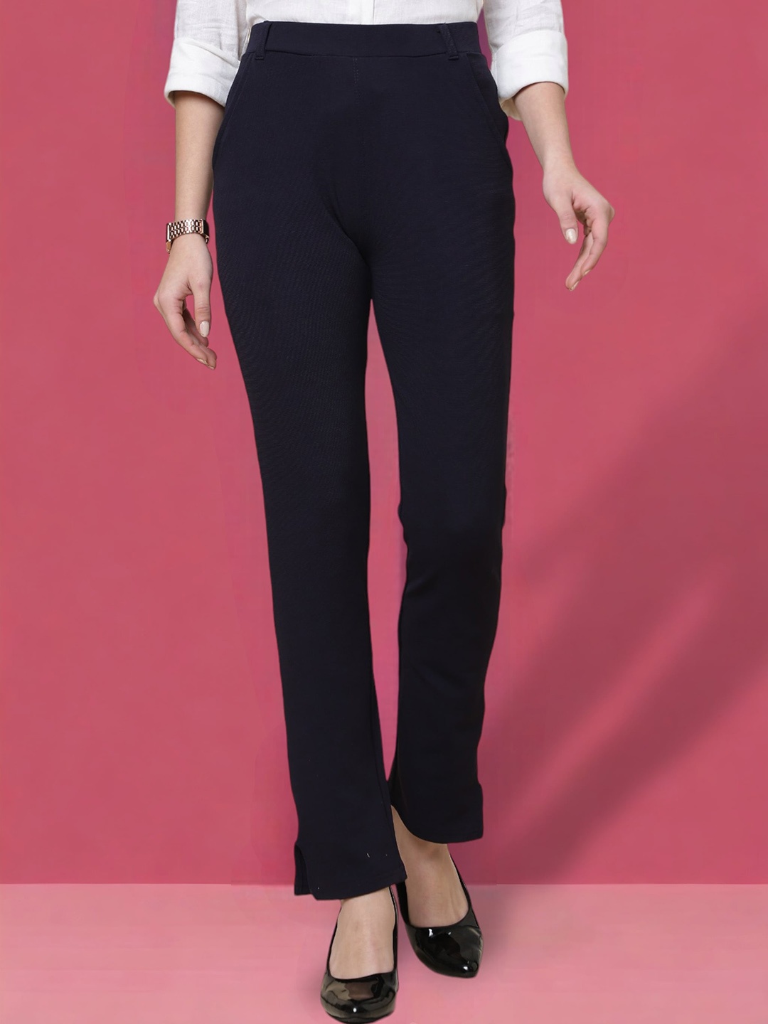 

FITHUB Women Skinny Fit High-Rise Cotton Formal Trousers, Blue