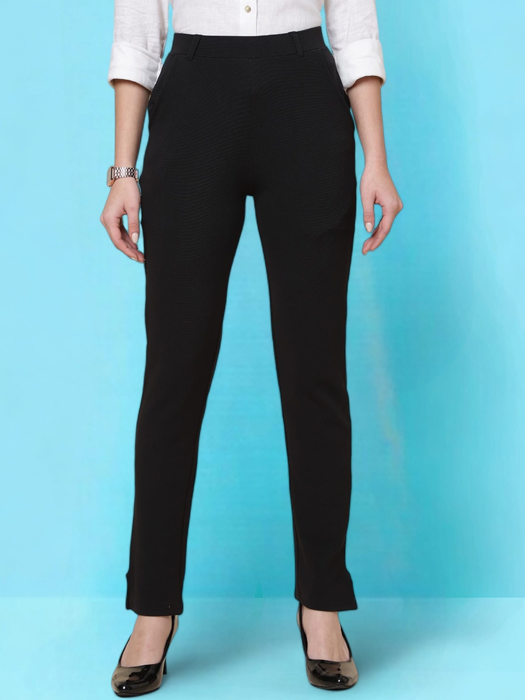 

FITHUB Women Skinny Fit High-Rise Cotton Formal Trousers, Black