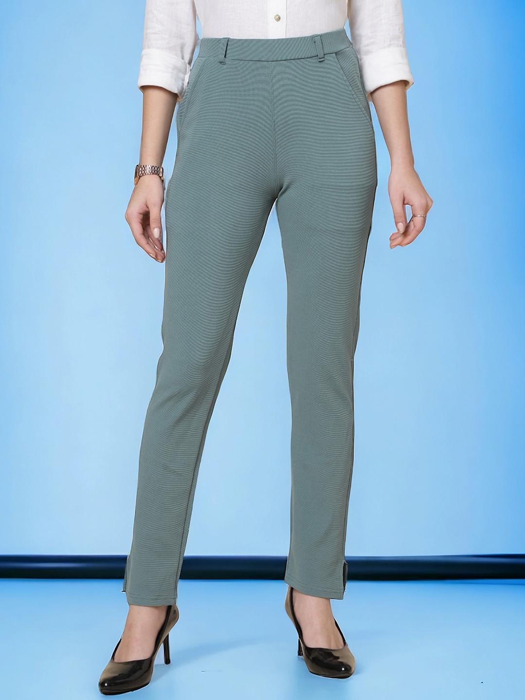 

FITHUB Women Skinny Fit High-Rise Cotton Formal Trousers, Green