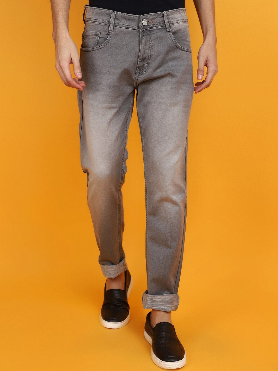 

V-Mart Men Slim Fit Clean Look Heavy Fade Knitted Cotton Jeans, Grey
