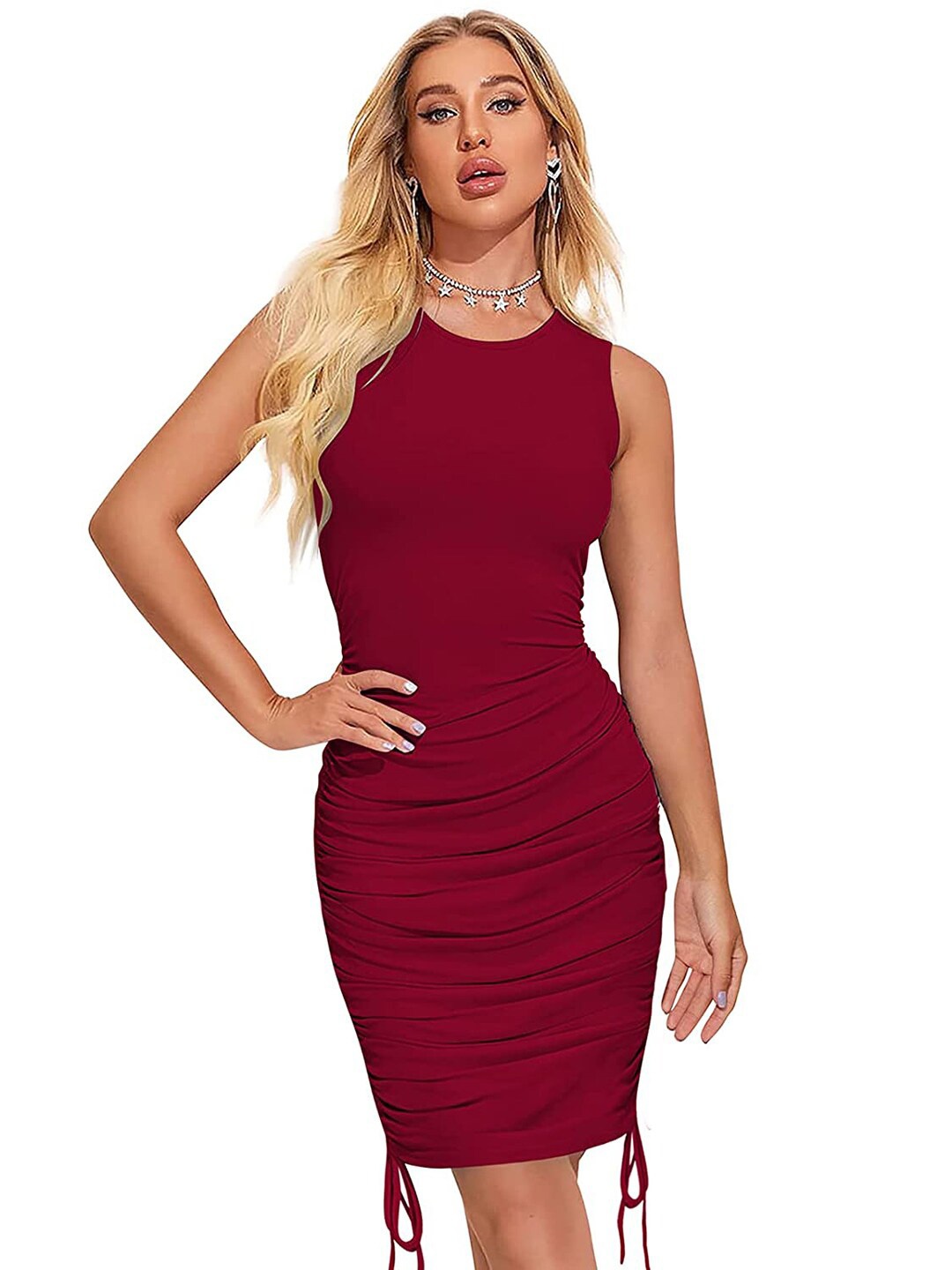 

BAESD Round Neck Sleeveless Gathered Or Pleated Opaque Bodycon Dress, Maroon