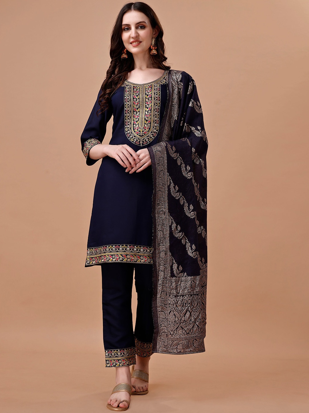 

KALINI Ethnic Motifs Yoke Design Regular Thread Work Kurta with Trousers & Dupatta, Blue