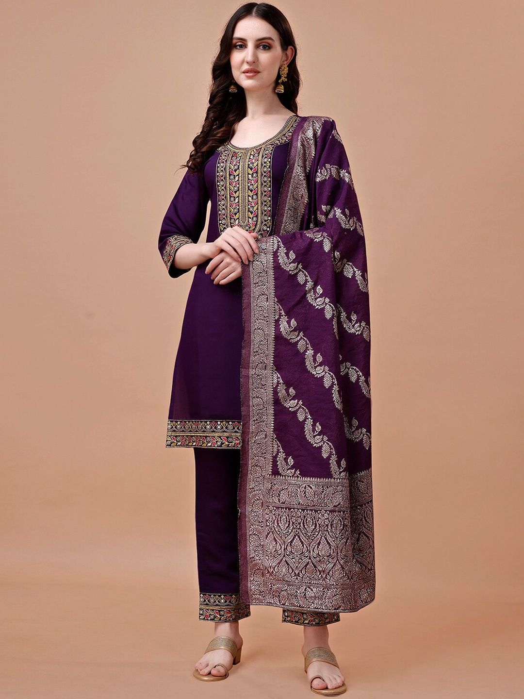 

KALINI Ethnic Motifs Yoke Design Regular Gotta Patti Kurta with Palazzo & Dupatta, Purple