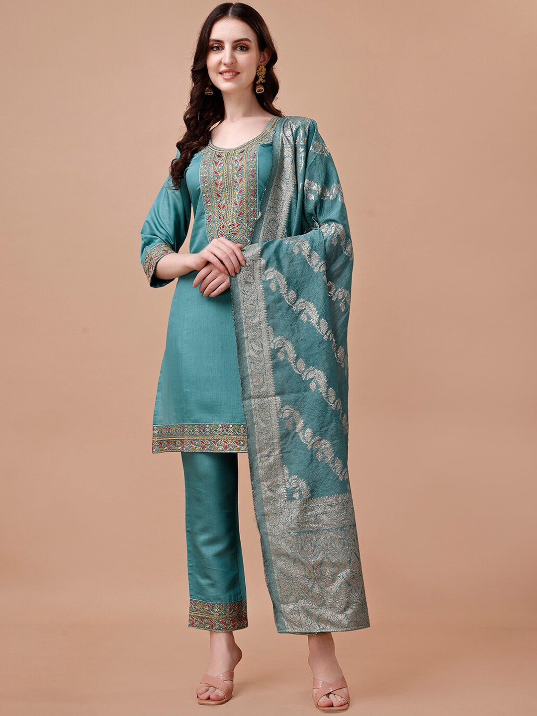 

KALINI Ethnic Motifs Yoke Design Regular Thread Work Kurta with Trousers & Dupatta, Turquoise blue