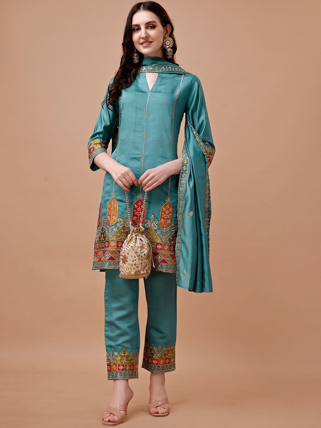 

KALINI Ethnic Motifs Embroidered Mandarin Collar Thread Work Kurta With Palazzos & Dupatta, Turquoise blue