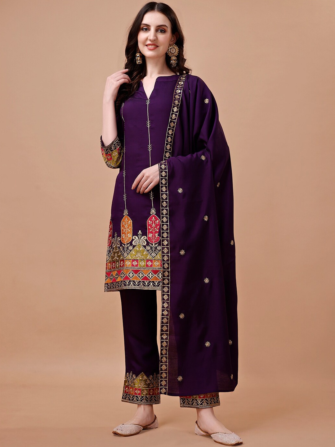 KALINI Floral Embroidered Regular Thread Work Band Collar Kurta with Trousers & Dupatta, Purple