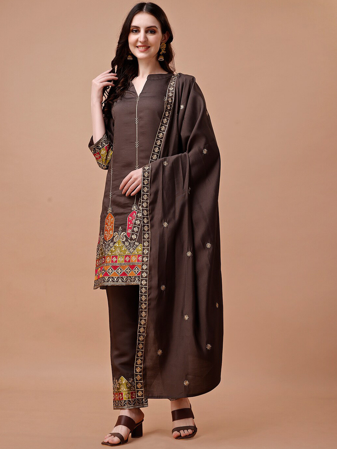 

KALINI Women Ethnic Motifs Embroidered Regular Thread Work Kurta with Palazzos & With Dupatta, Brown