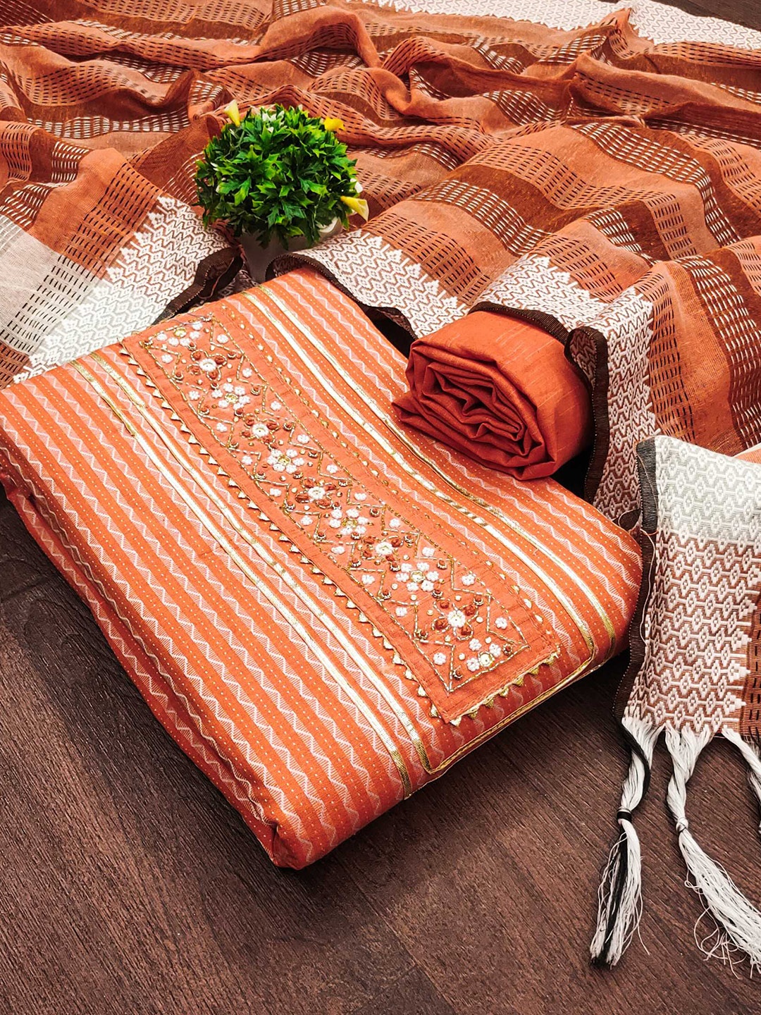 

KALINI Woven Design Jacquard Unstitched Dress Material, Orange