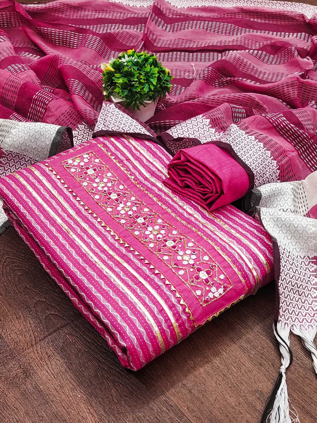 

KALINI Woven Design Jacquard Unstitched Dress Material, Pink