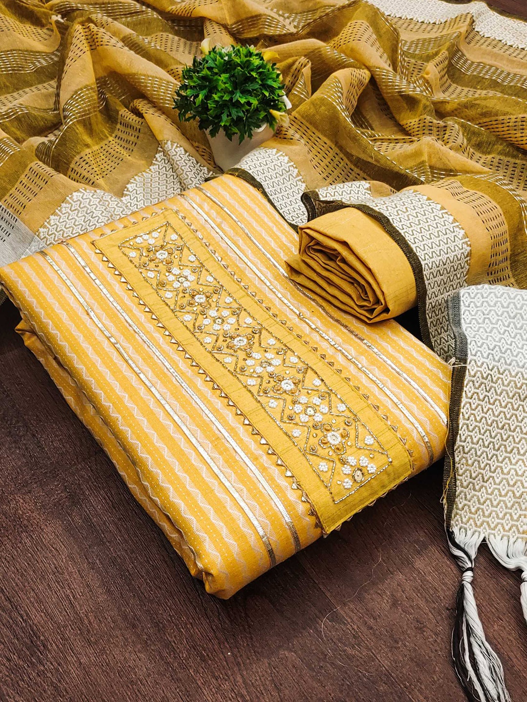 

KALINI Woven Design Jacquard Unstitched Dress Material, Yellow