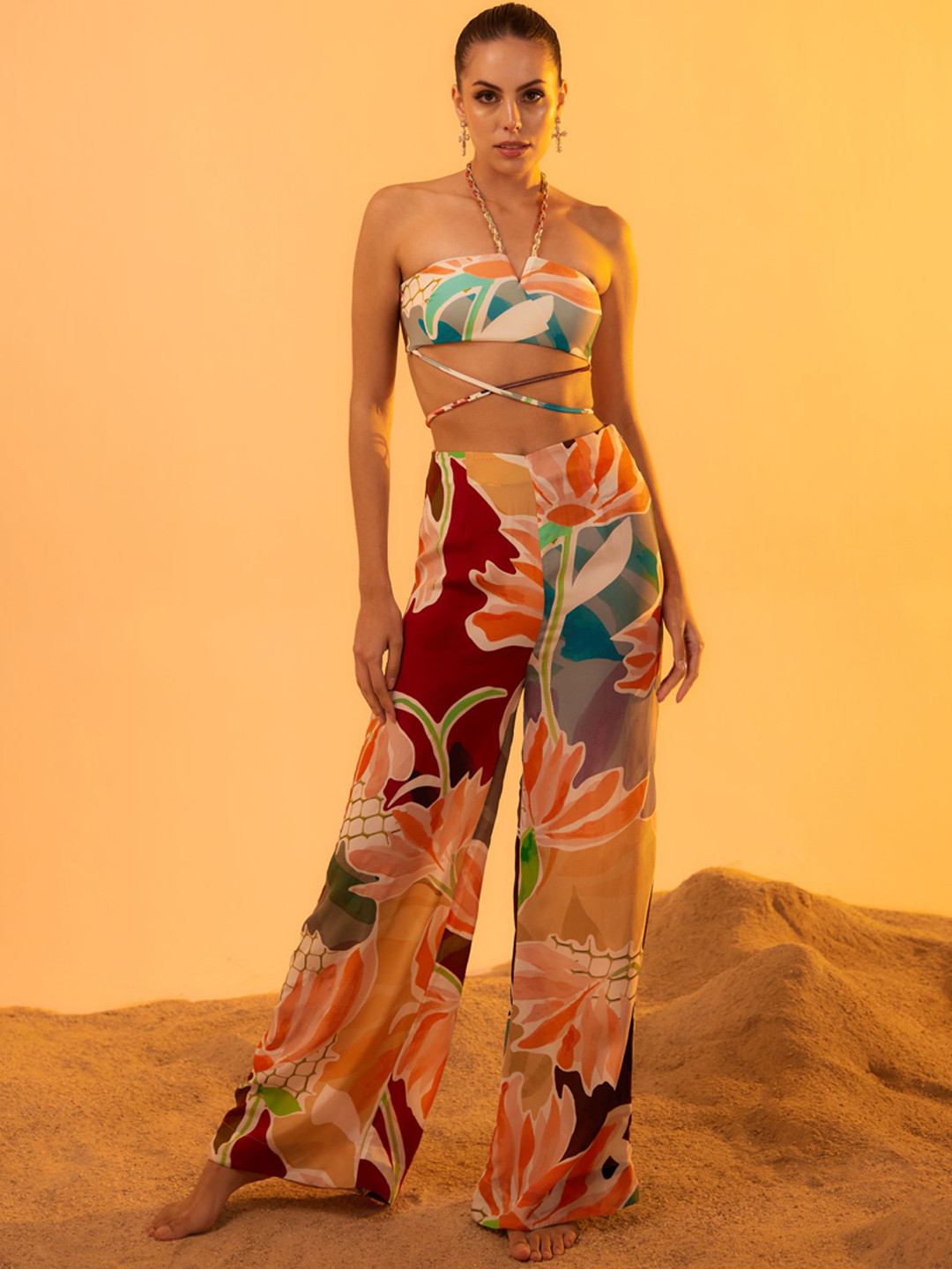 

Tizzi Floral Printed Satin Swimwear Cover-Up Trouser, Red