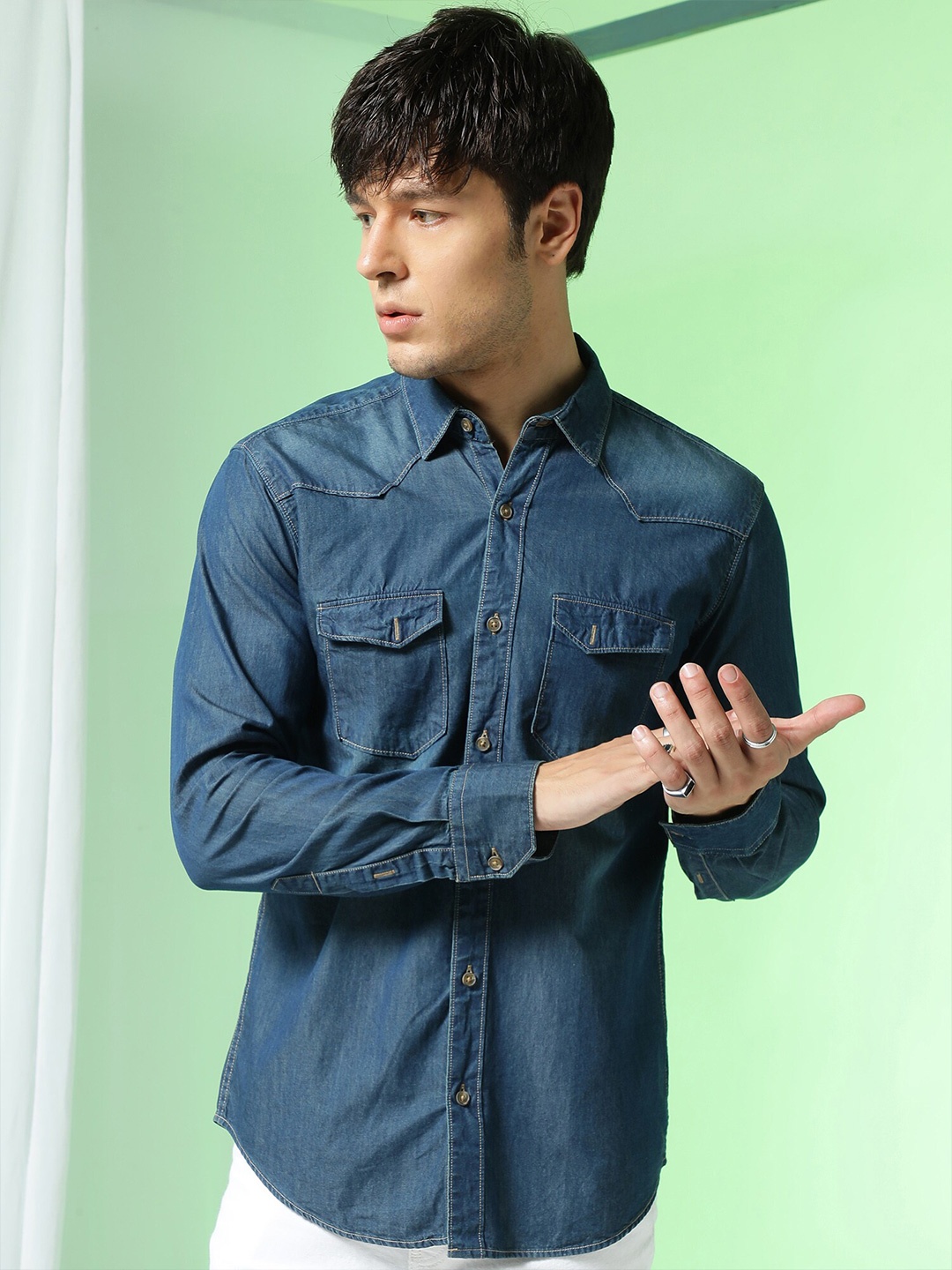 

Markle Moro Opaque Spread Collar Long Sleeves Denim Faded Casual Shirt, Blue