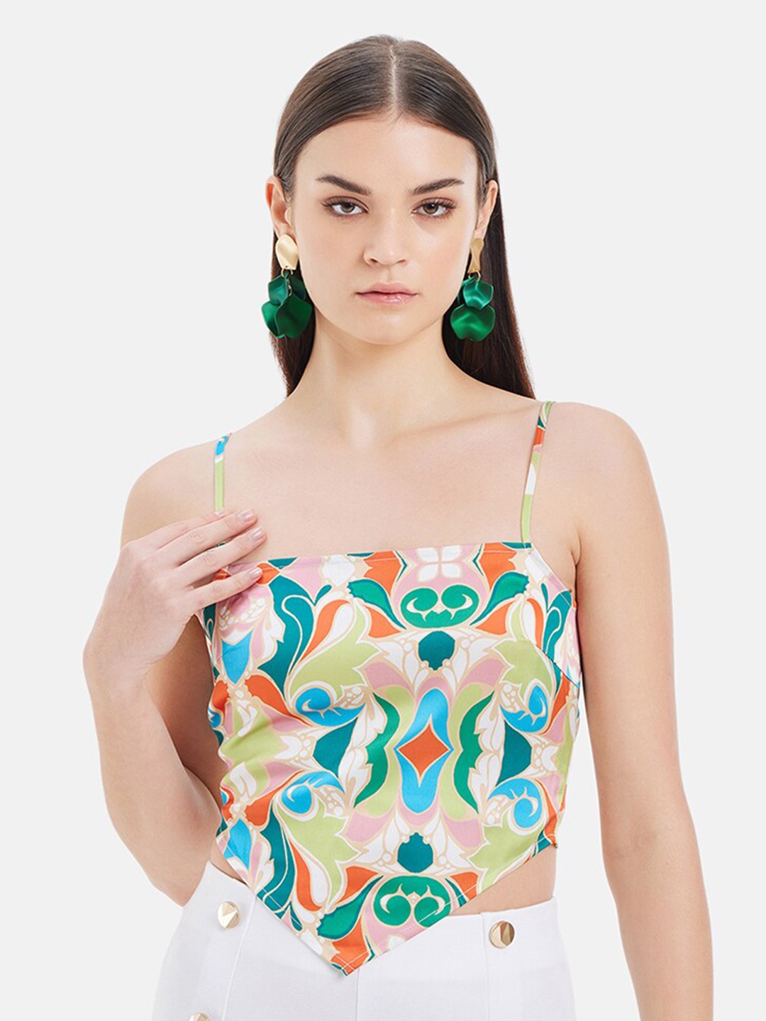

Kazo Ethnic Motifs Printed Handkercheif Tie-Up Satin Top, White