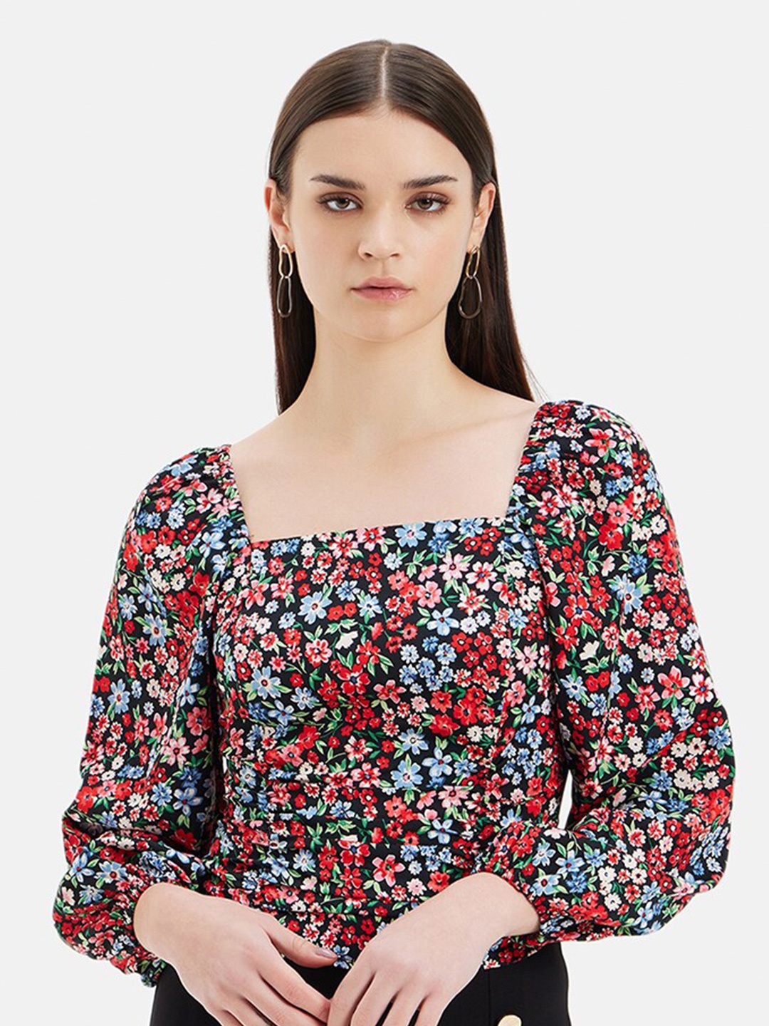 

Kazo Floral Print Puff Sleeve Smocking Satin Top, Red