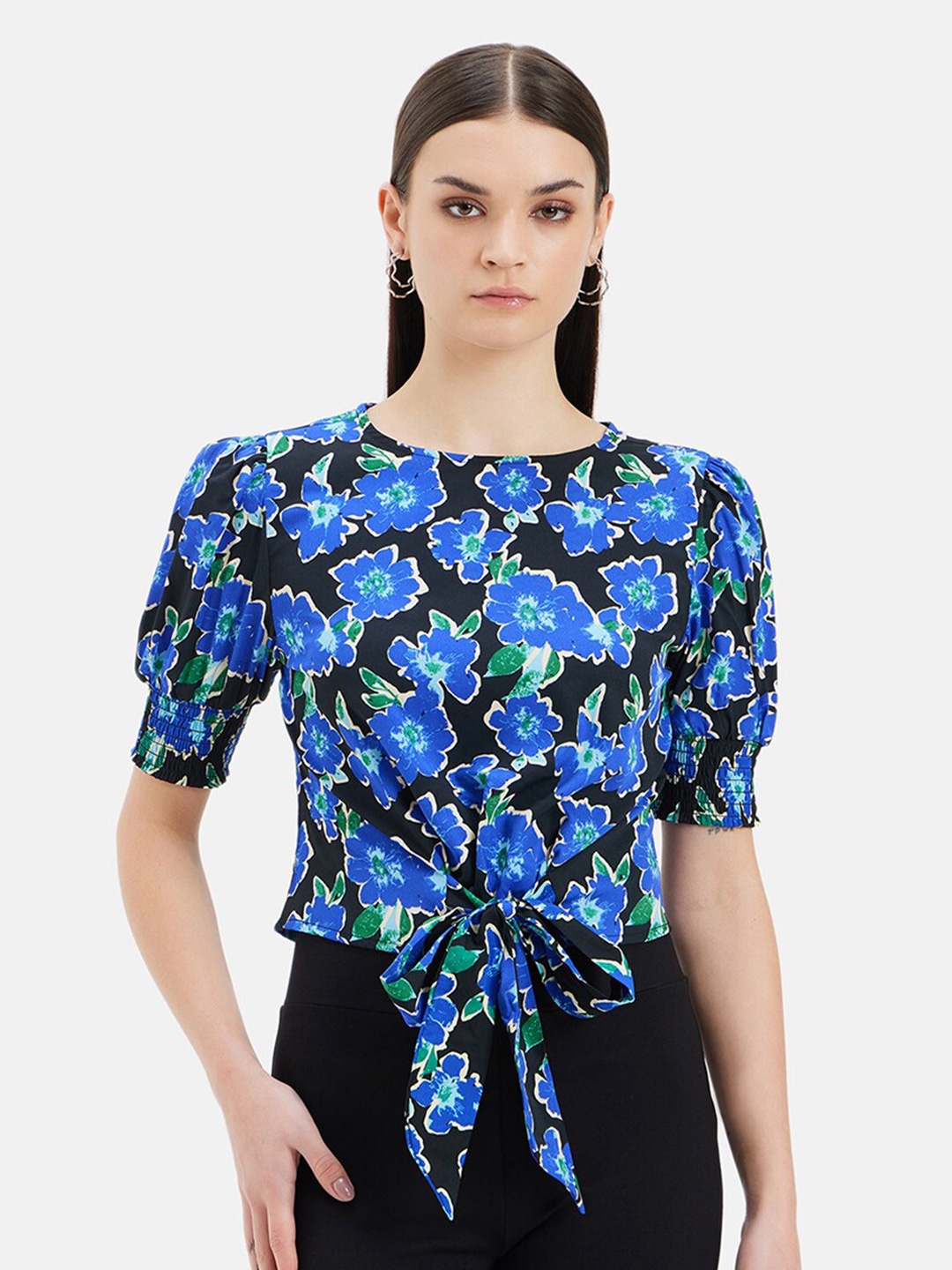 

Kazo Floral Print Puff Sleeve Satin Cinched Waist Top, Blue