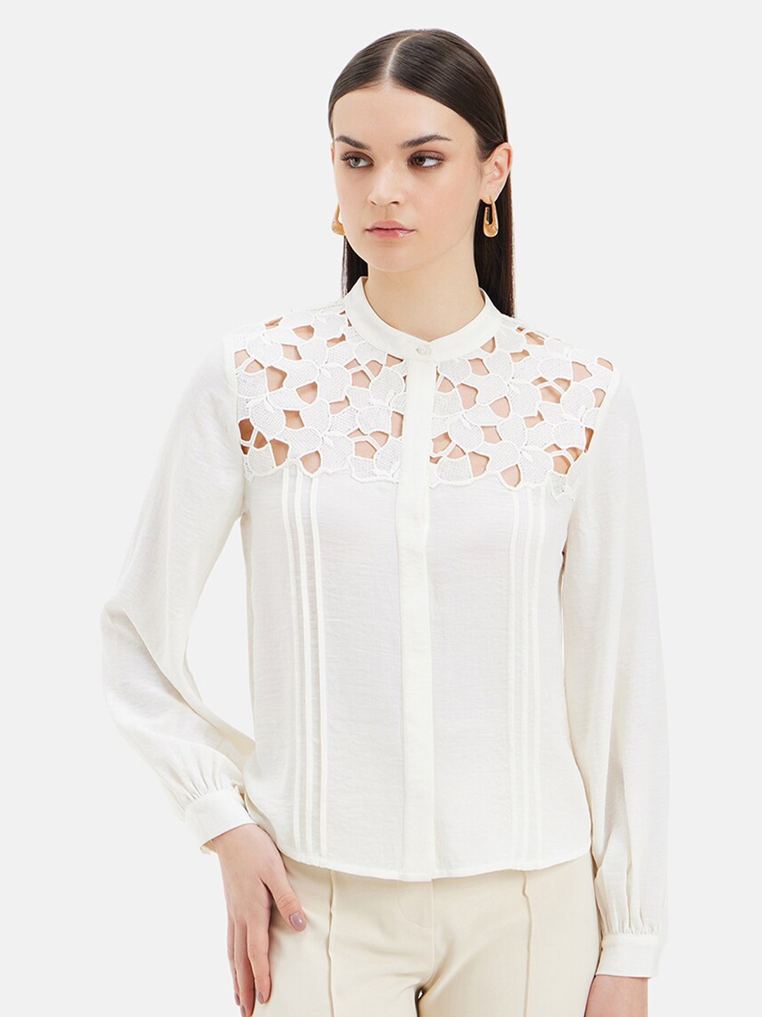 

Kazo Self Design Lace Inserts Satin Shirt Style Top, White