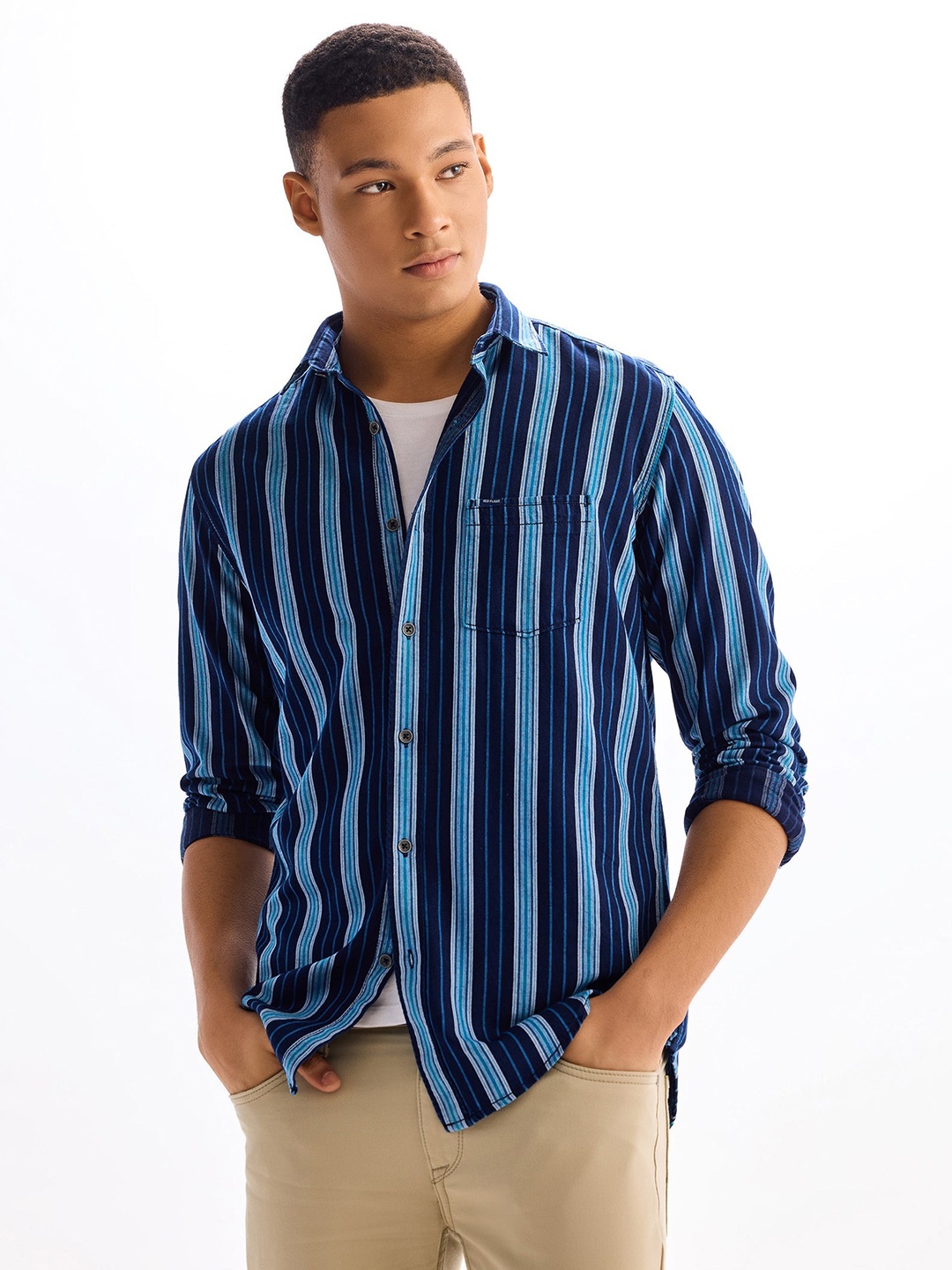 

Red Flame Men Opaque Striped Casual Shirt, Navy blue