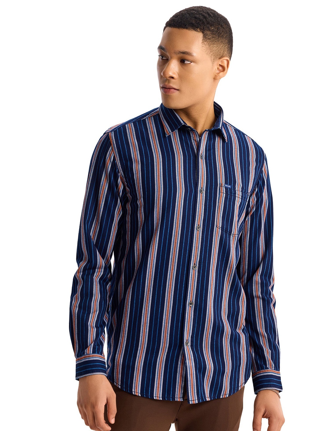 

Red Flame Men Opaque Striped Casual Shirt, Navy blue