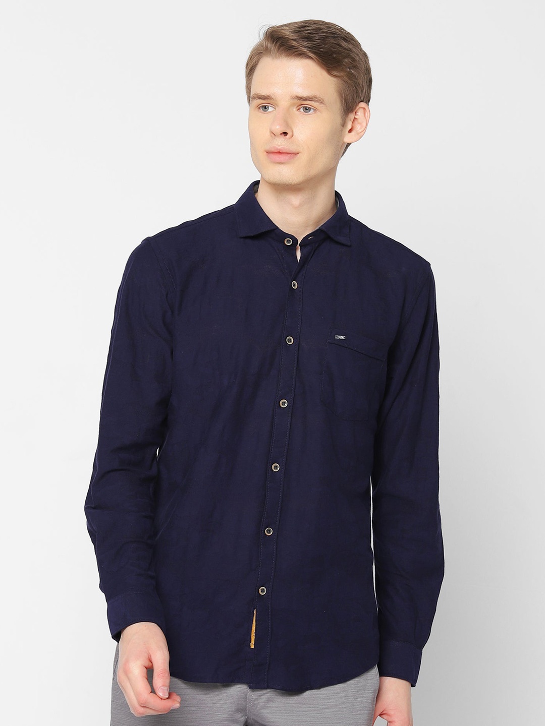

Red Flame Spread Collar Regular Sleeves Cotton Casual Shirt, Navy blue