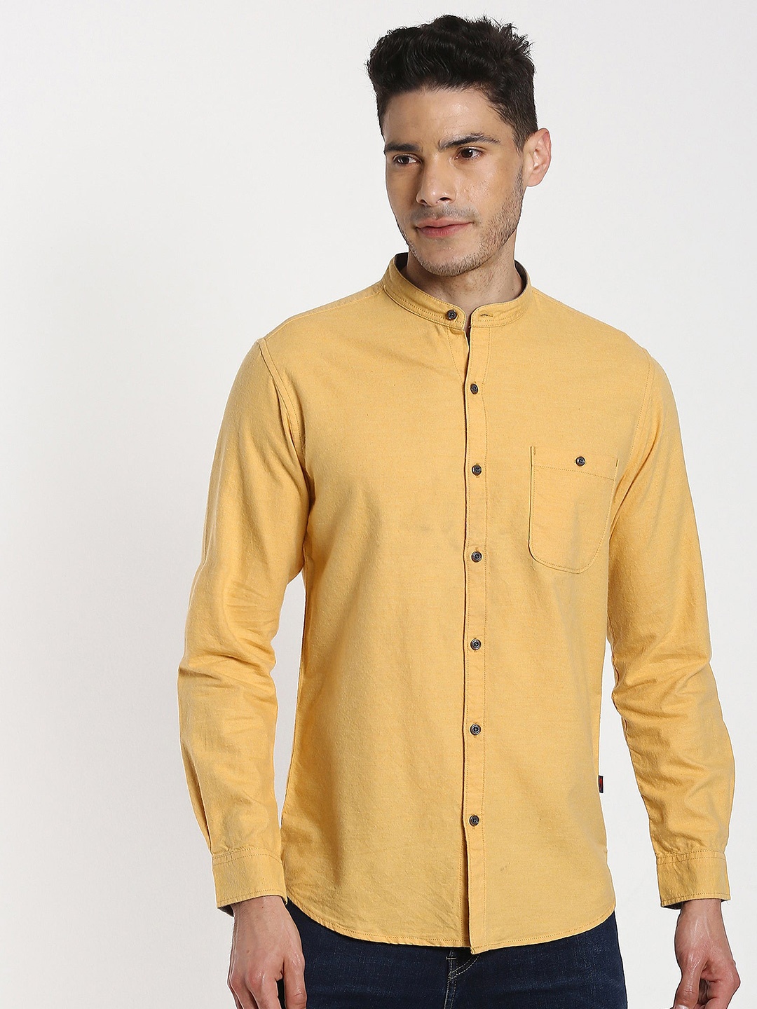 

Red Flame Cotton Mandarin Collar Regular Fit Casual Shirt, Yellow