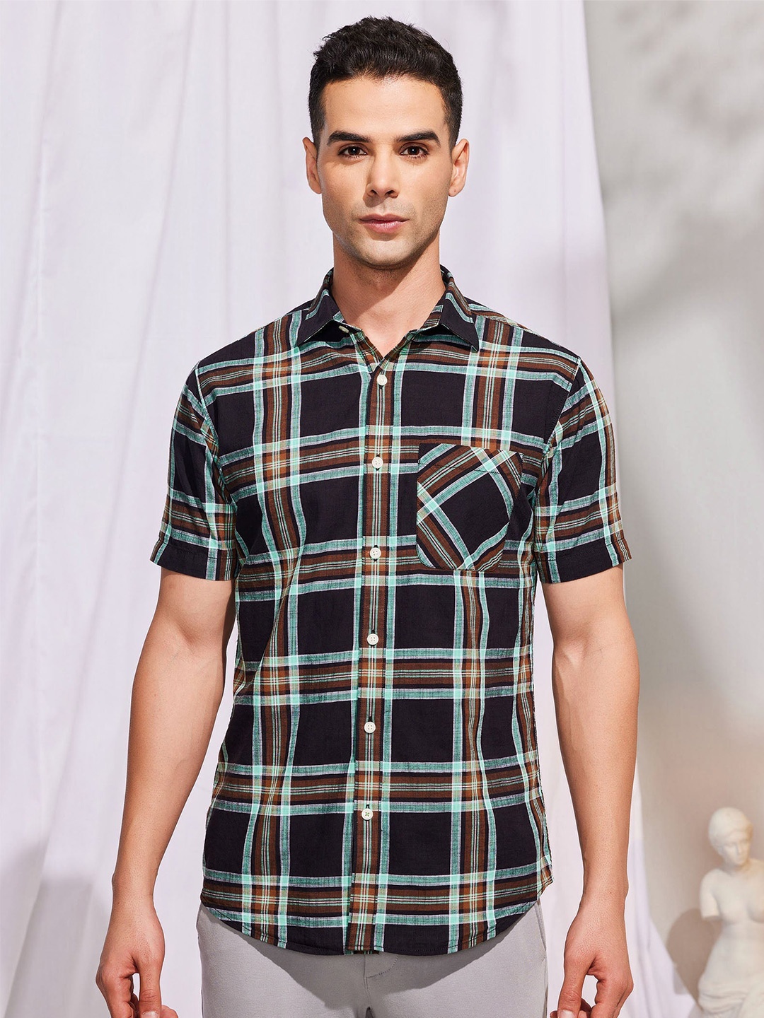 

Red Flame Tartan Checks Cotton Casual Shirt, Black