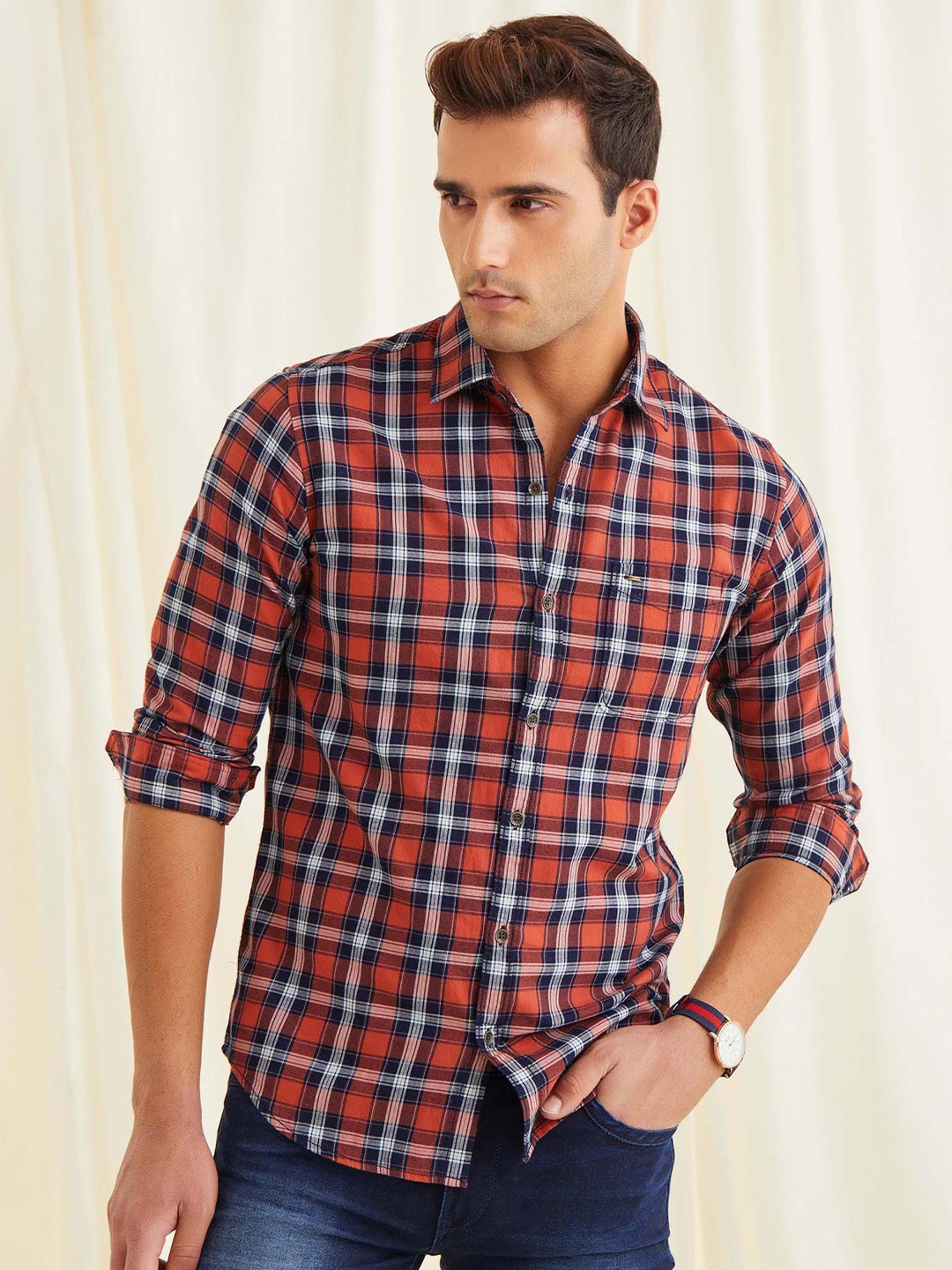 

Red Flame Men Tartan Checks Opaque Checked Casual Shirt