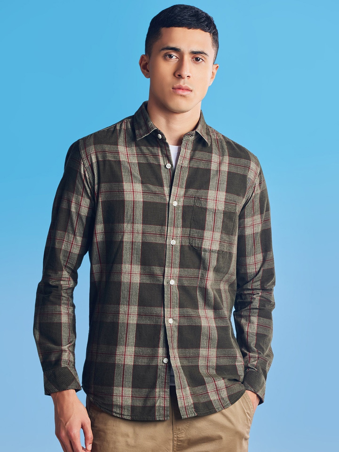 

Red Flame Men Opaque Checked Casual Shirt, Olive