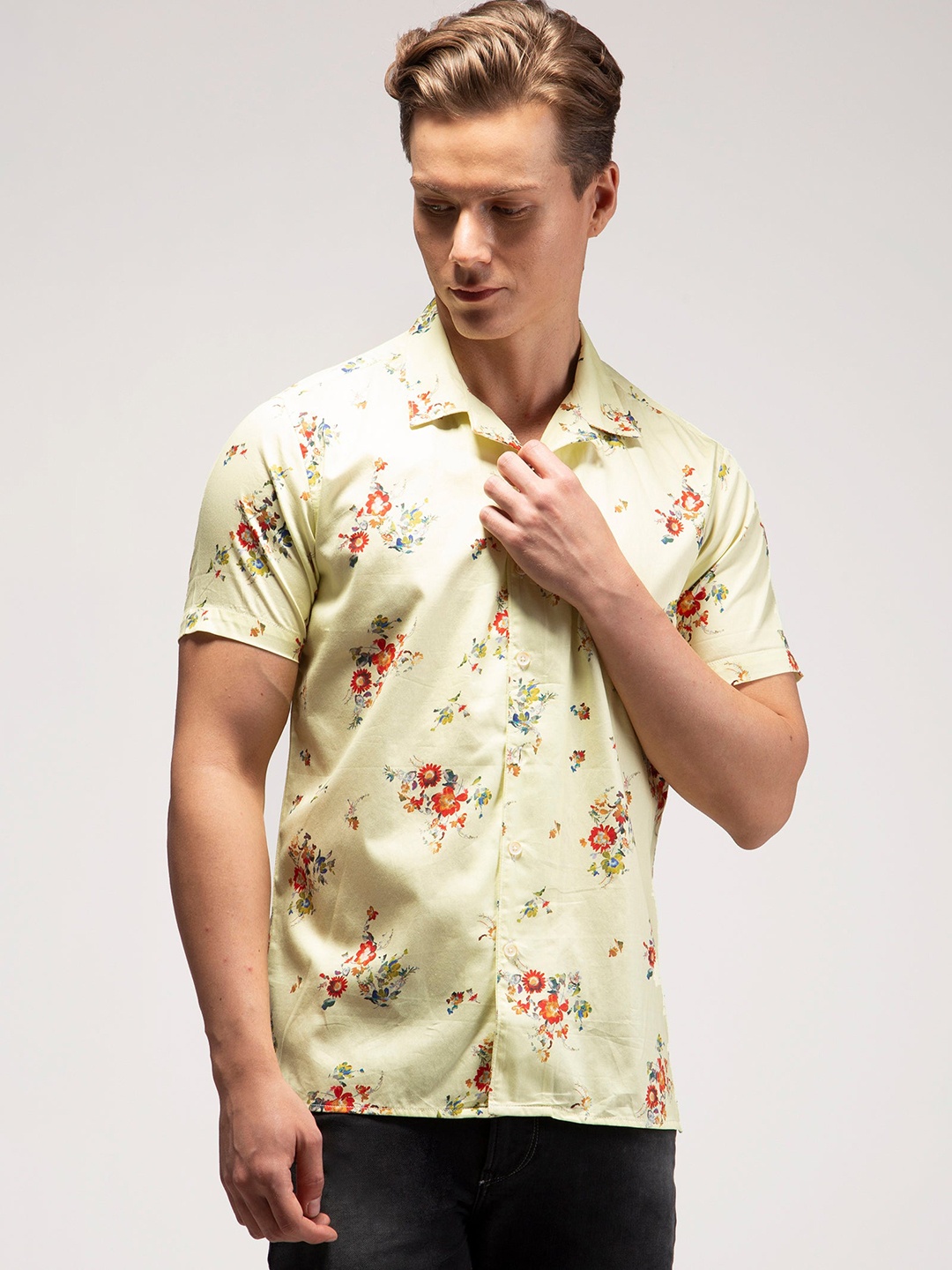 

Red Flame Floral Printed Cuban Collar Casual Shirt, Yellow