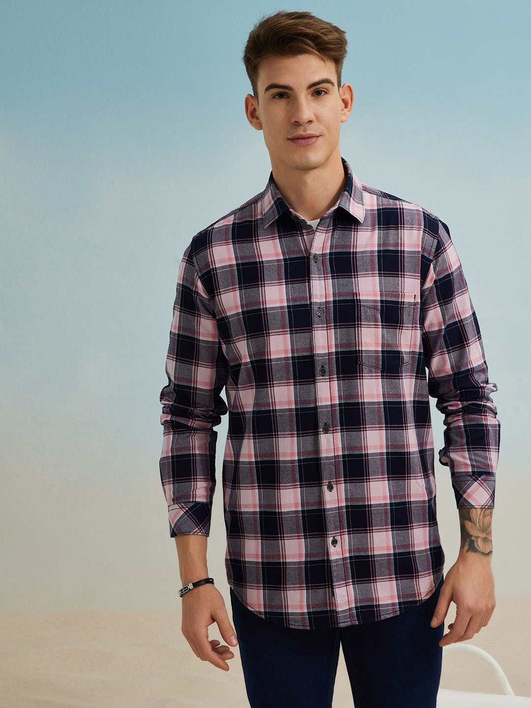 

Red Flame Checked Spread Collar Cotton Casual Shirt, Pink