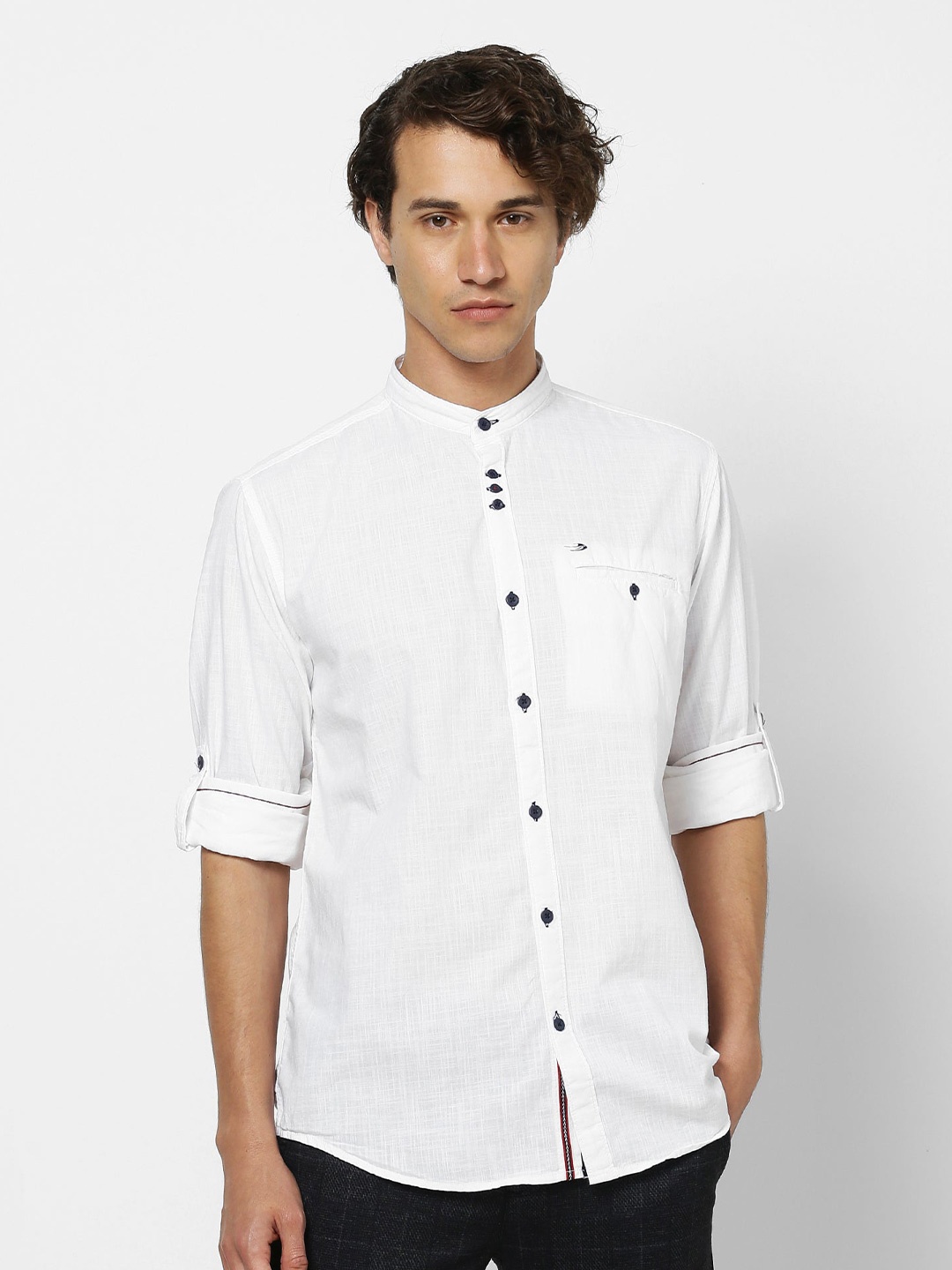 

Red Flame Cotton Mandarin Collar Casual Shirt, White