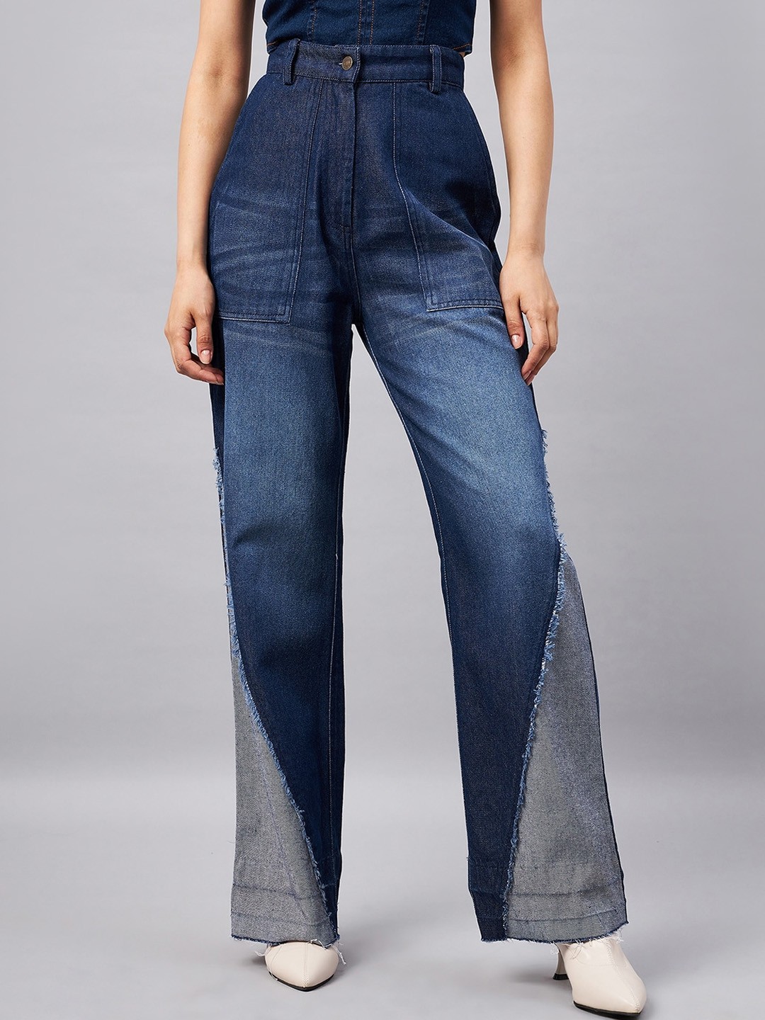 

Orchid Blues Women Flared High Rise Light Fade Patch Detail Frayed Hem Cotton Jeans, Blue