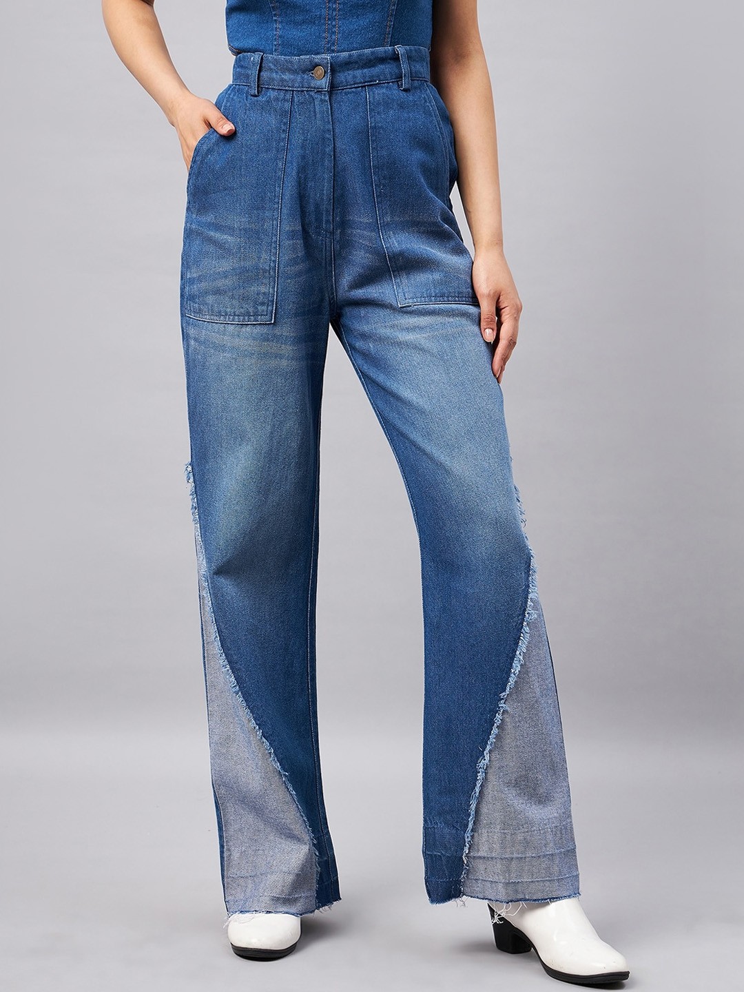 

Orchid Blues Women Flared High Rise Light Fade Patch Detail Frayed Hem Cotton Jeans, Blue