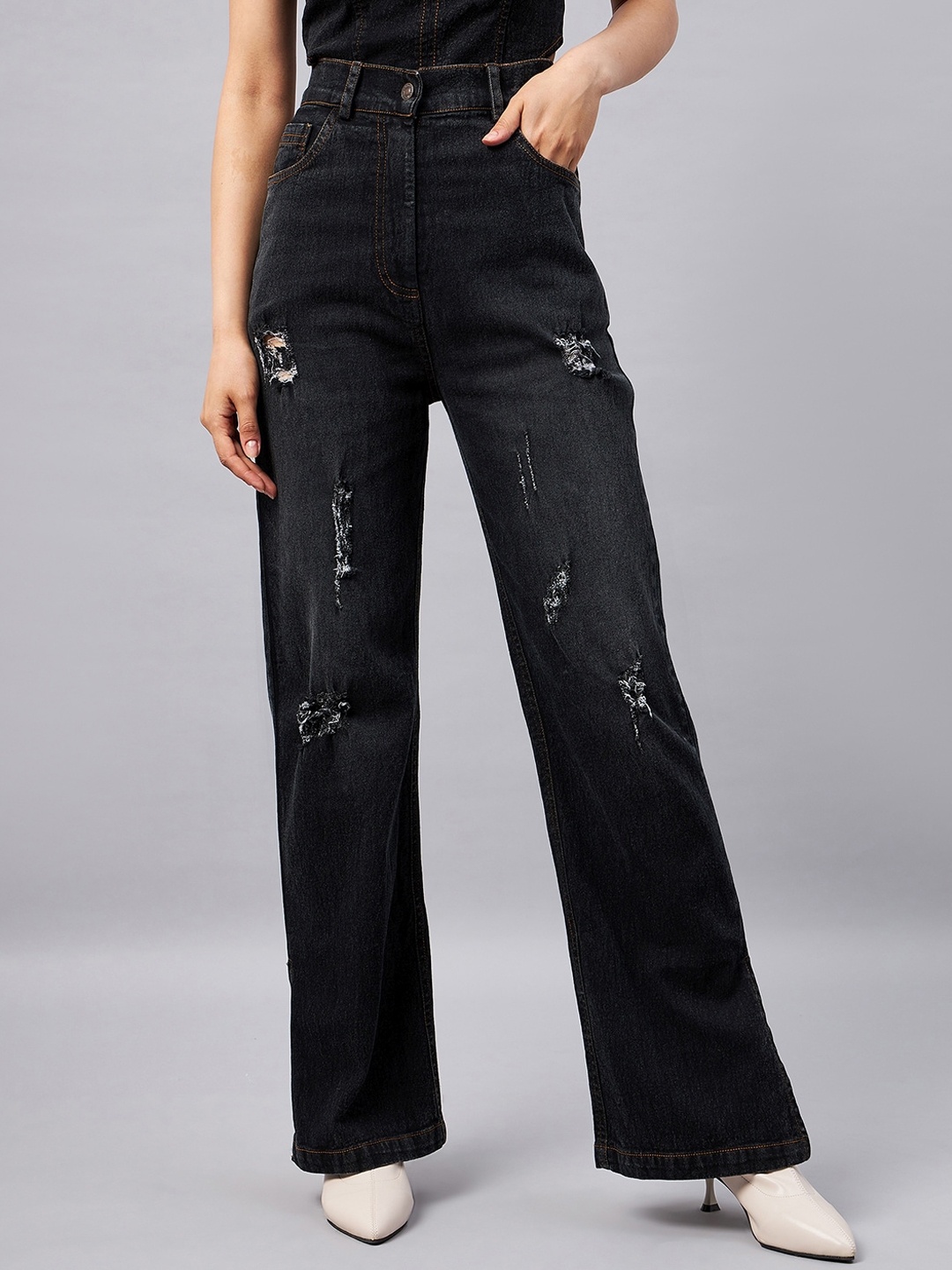 

Orchid Blues Women Flared High-Rise Mildly Distressed Stretchable Cotton Jeans, Black