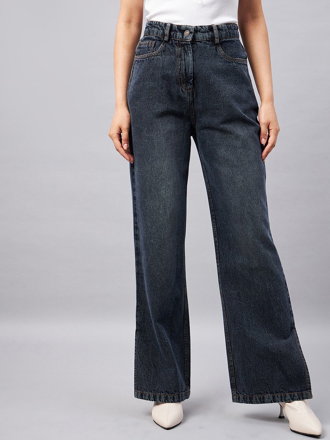

Orchid Blues Women Flared High-Rise Clean Look Light Fade Cotton Jeans With Side Slit, Navy blue