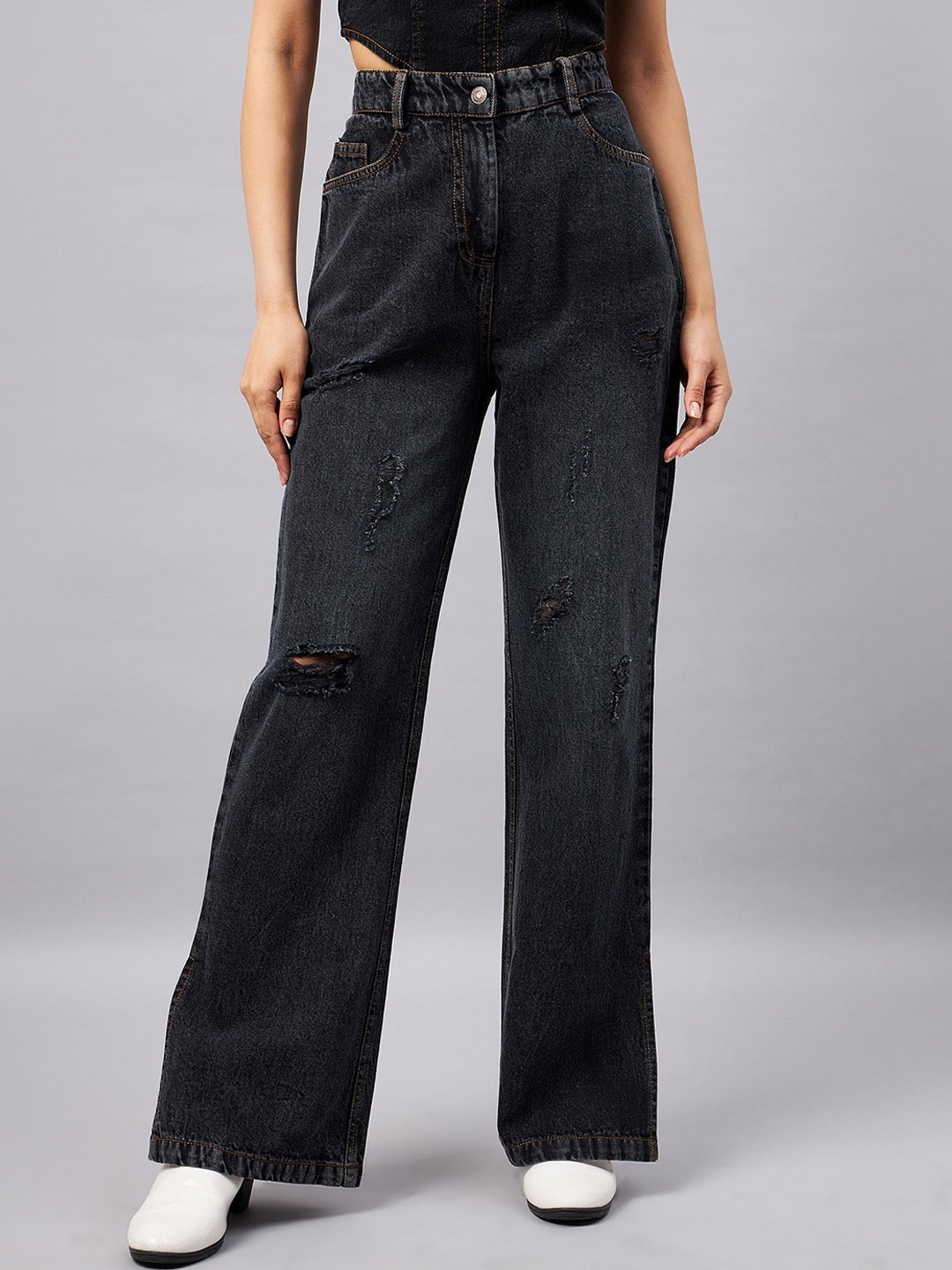 

Orchid Blues Women Flared High-Rise Mildly Distressed Cotton Jeans, Black