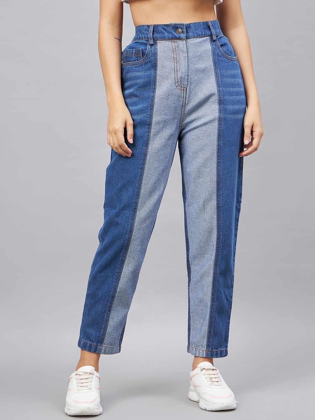 

Orchid Blues Women High-Rise Whiskers & Chevrons Striped Cotton Jeans, Blue