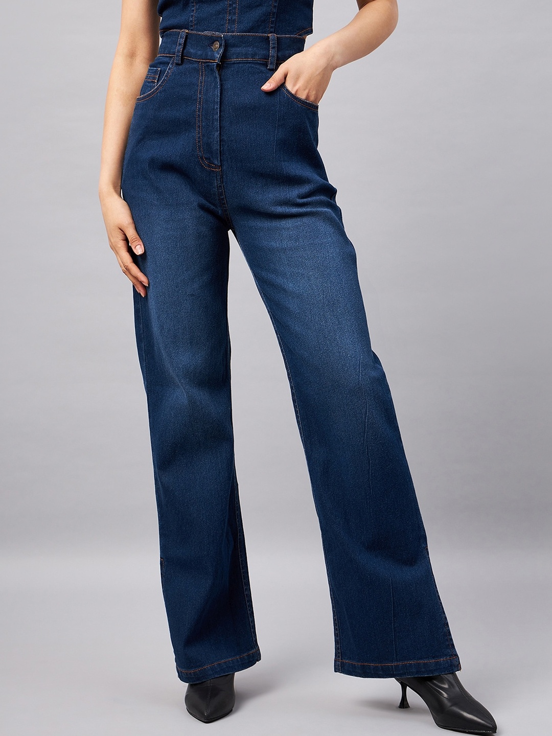 

Orchid Blues Women Flared High-Rise Side Slit Cotton Jeans, Blue