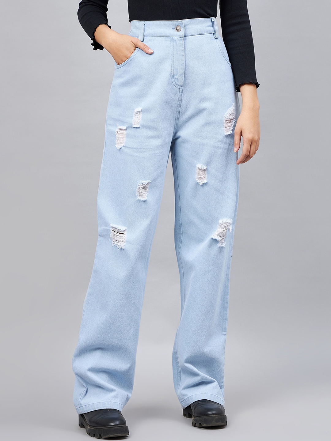 

Orchid Blues Women Flared High-Rise Mildly Distressed Cotton Jeans, Blue