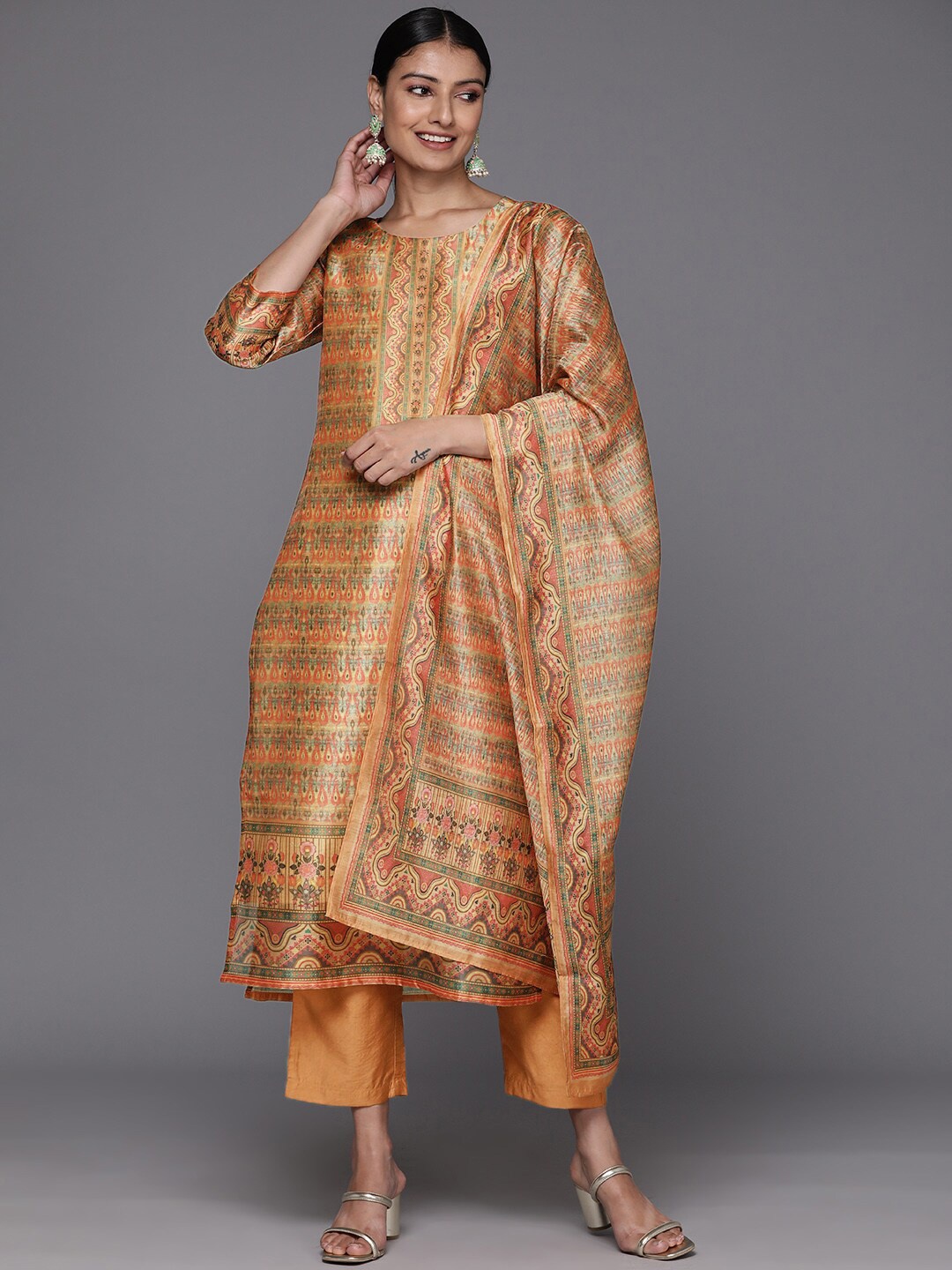 KALINI Ethnic Motifs Printed Regular Chanderi Silk Kurta with Trousers & Dupatta, Mustard