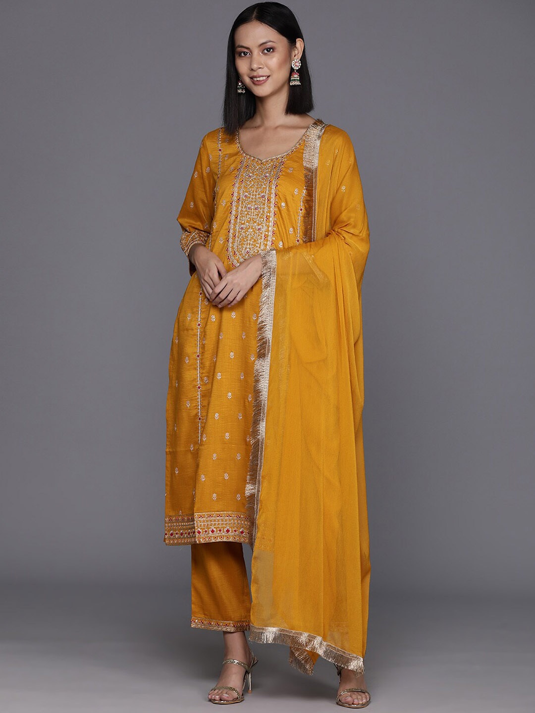 

KALINI Ethnic Motifs Embroidered Regular Thread Work Kurta with Trousers & Dupatta, Mustard