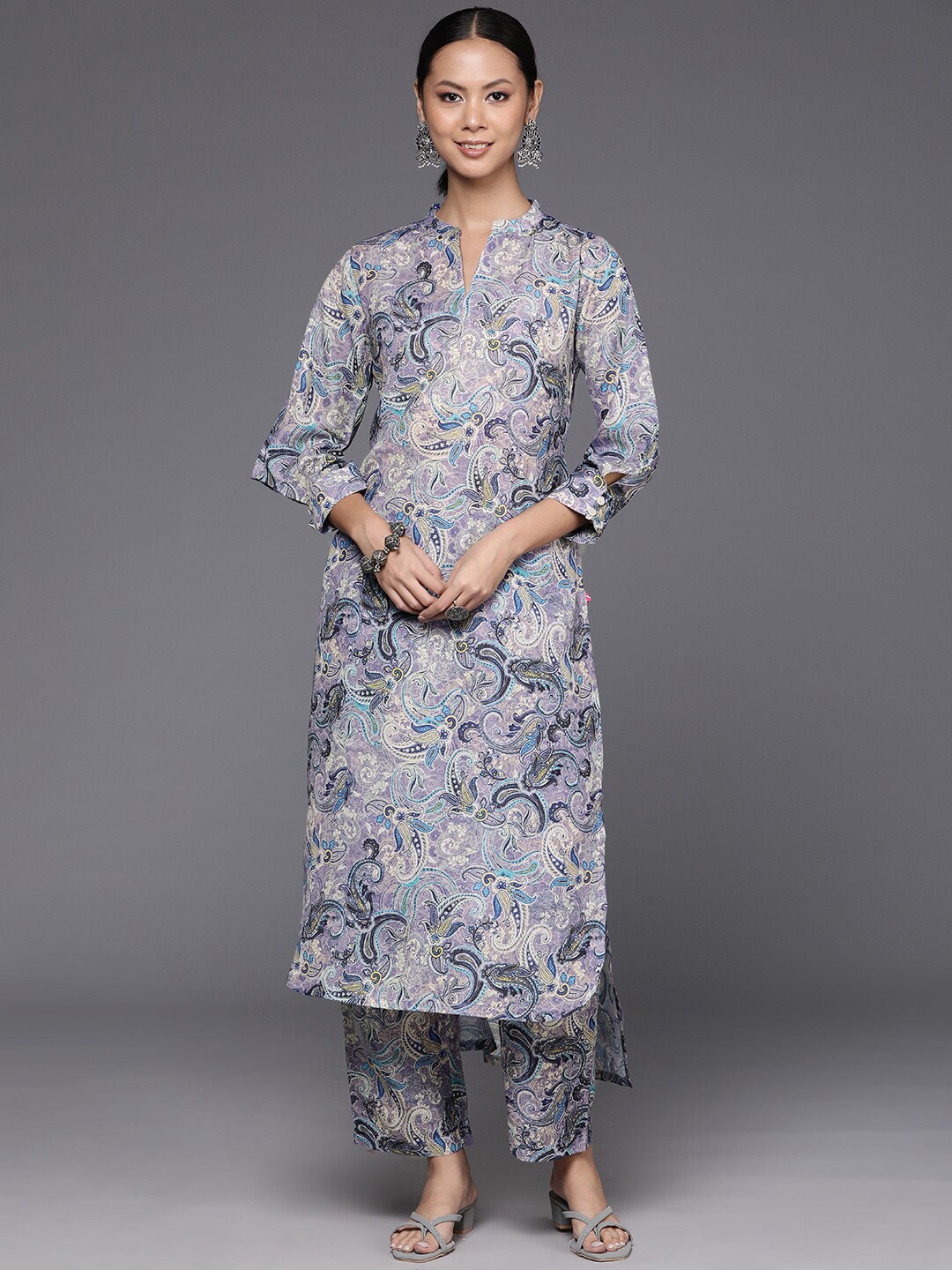 

KALINI Paisley Printed Band Collar Regular Kurta with Trousers, Lavender