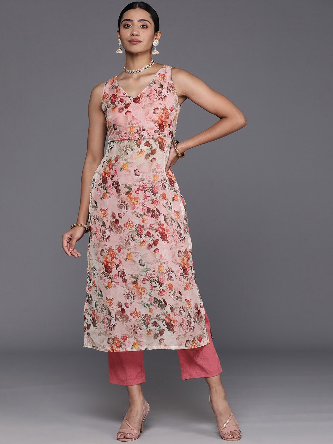 

KALINI Floral Printed V-Neck Straight Kurta with Trousers, Peach