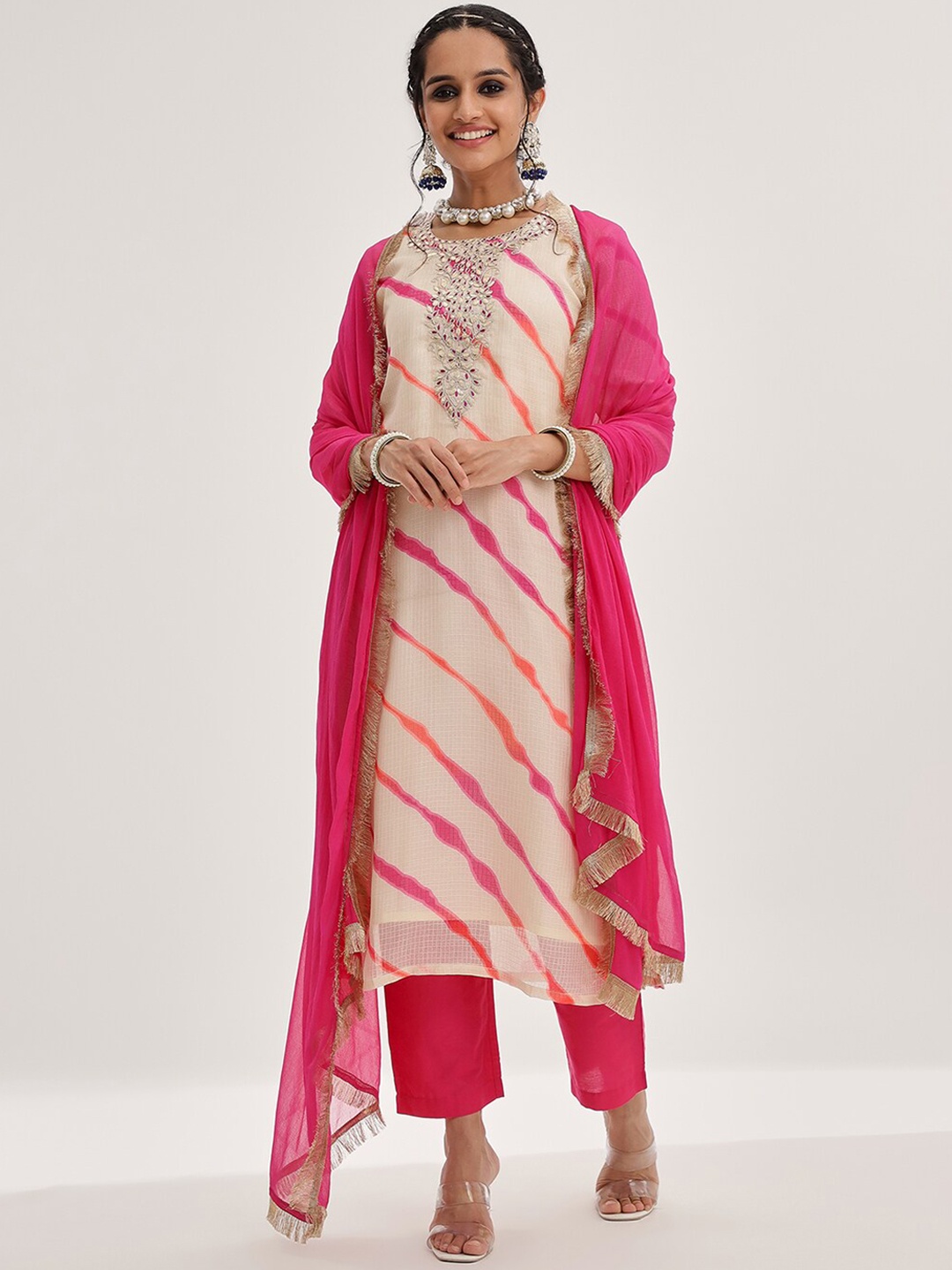 

KALINI Leheriya Dyed Regular Gotta Patti Kurta with Trousers & Dupatta, Cream