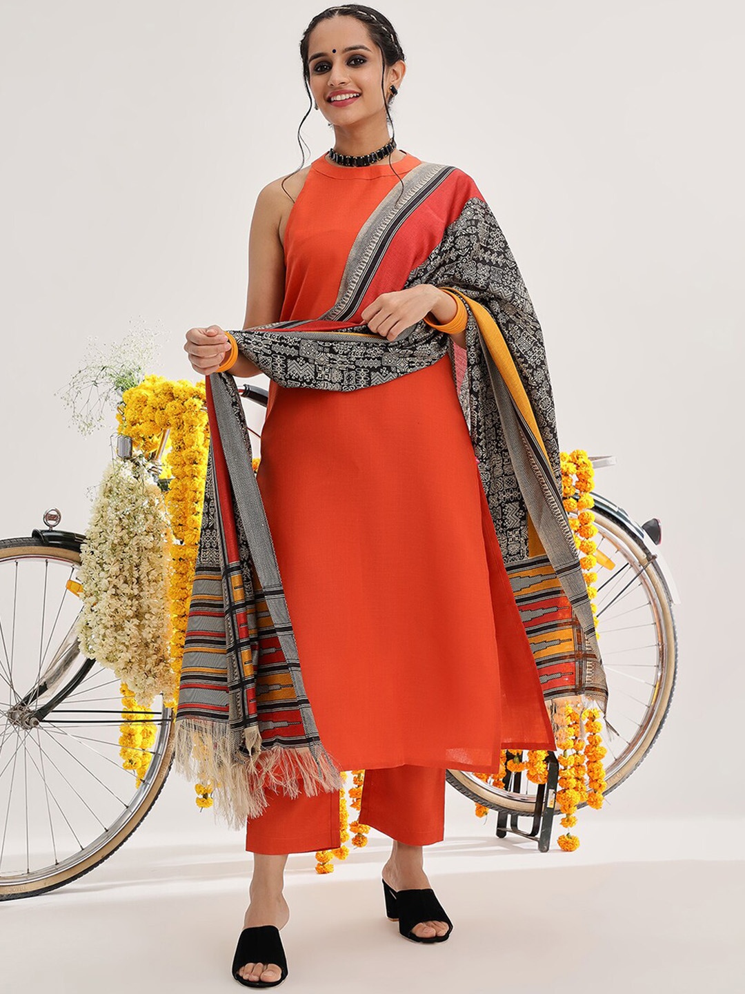

KALINI Round Neck Pure Cotton Straight Kurta with Trousers & Dupatta, Orange