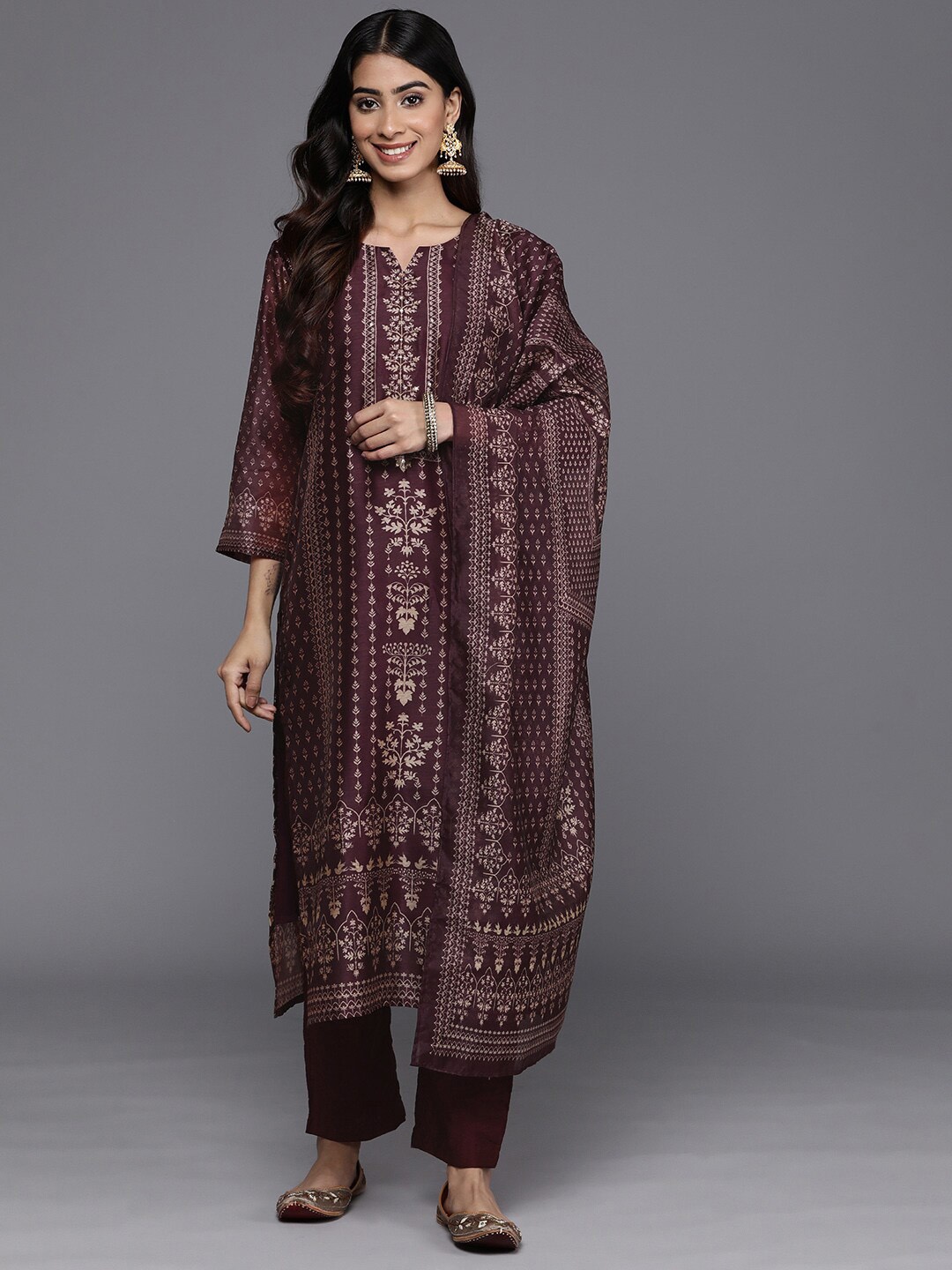 

KALINI Ethnic Motifs Printed Sequinned Chanderi Silk Kurta With Trouser & Dupatta, Purple