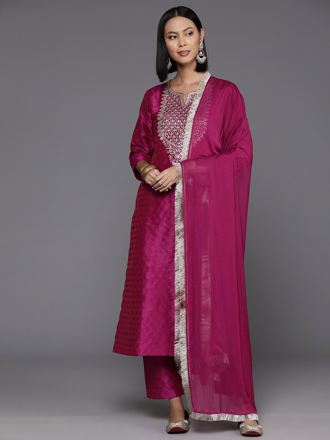 

KALINI Ethnic Motifs Yoke Design Sequinned Kurta With Trouser & Dupatta, Pink