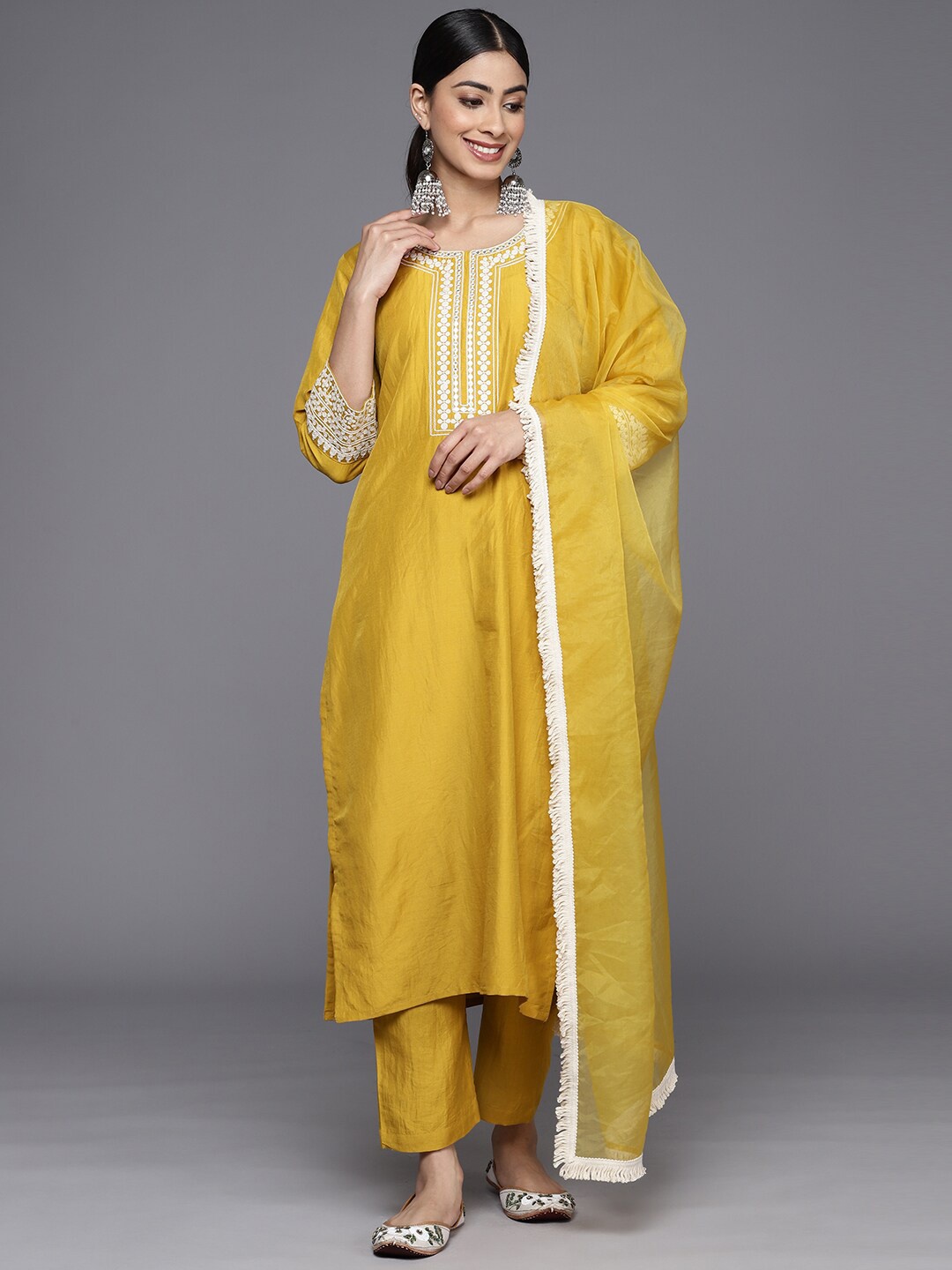 

KALINI Ethnic Motifs Yoke Design Regular Thread Work Kurta with Trousers & Dupatta, Yellow