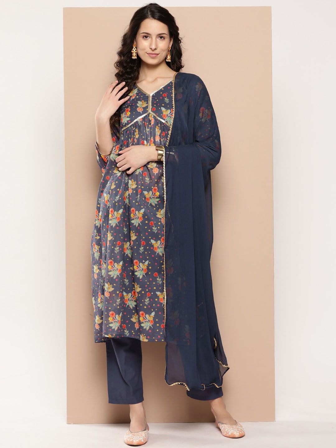 

KALINI Floral Printed Empire Pure Cotton A-Line Kurta with Trousers & Dupatta, Violet