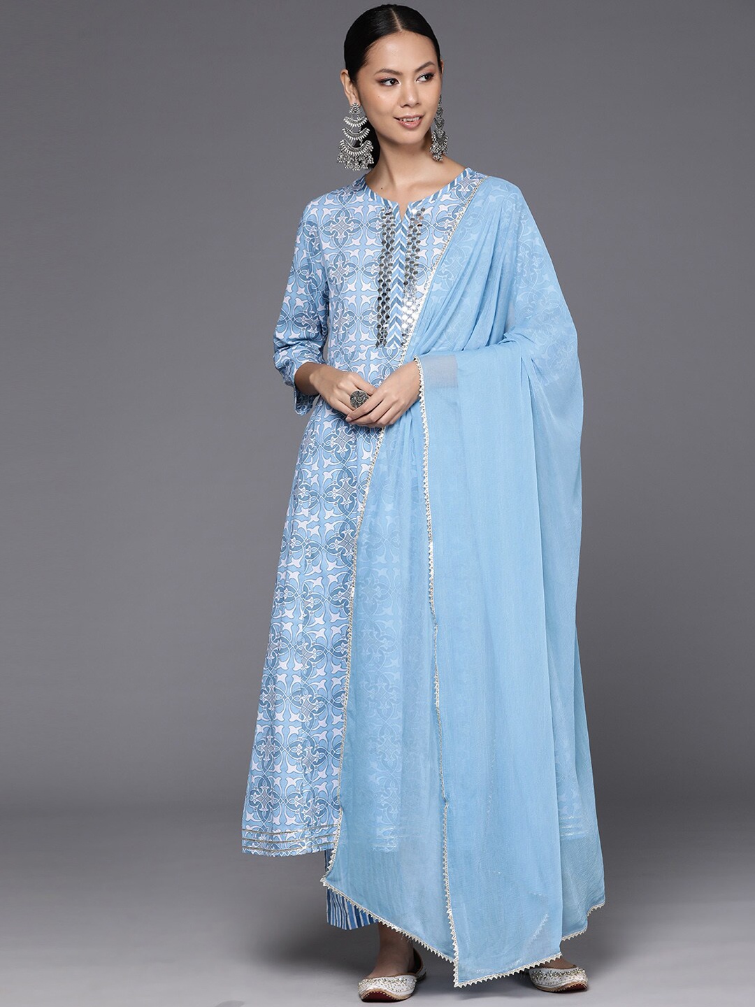 

KALINI Printed Regular Mirror Work Pure Cotton Kurta with Trousers & Dupatta, Blue