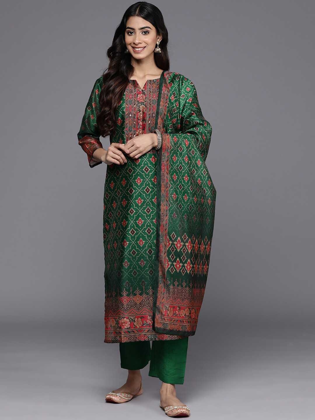 

KALINI Ethnic Motifs Printed Sequinned Chanderi Silk Kurta With Trousers & Dupatta, Green